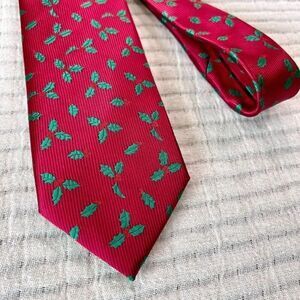 John Ashford Mens Red Poinsettia Leaf Christmas Polyester Hand‎ Made Neck Tie OS